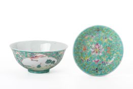 A FAMILLE ROSE TURQUOISE GROUND BOWL AND A SAUCER