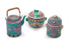 THREE PERANAKAN STYLE TURQUOISE GROUND PORCELAIN ITEMS