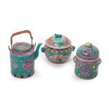 THREE PERANAKAN STYLE TURQUOISE GROUND PORCELAIN ITEMS