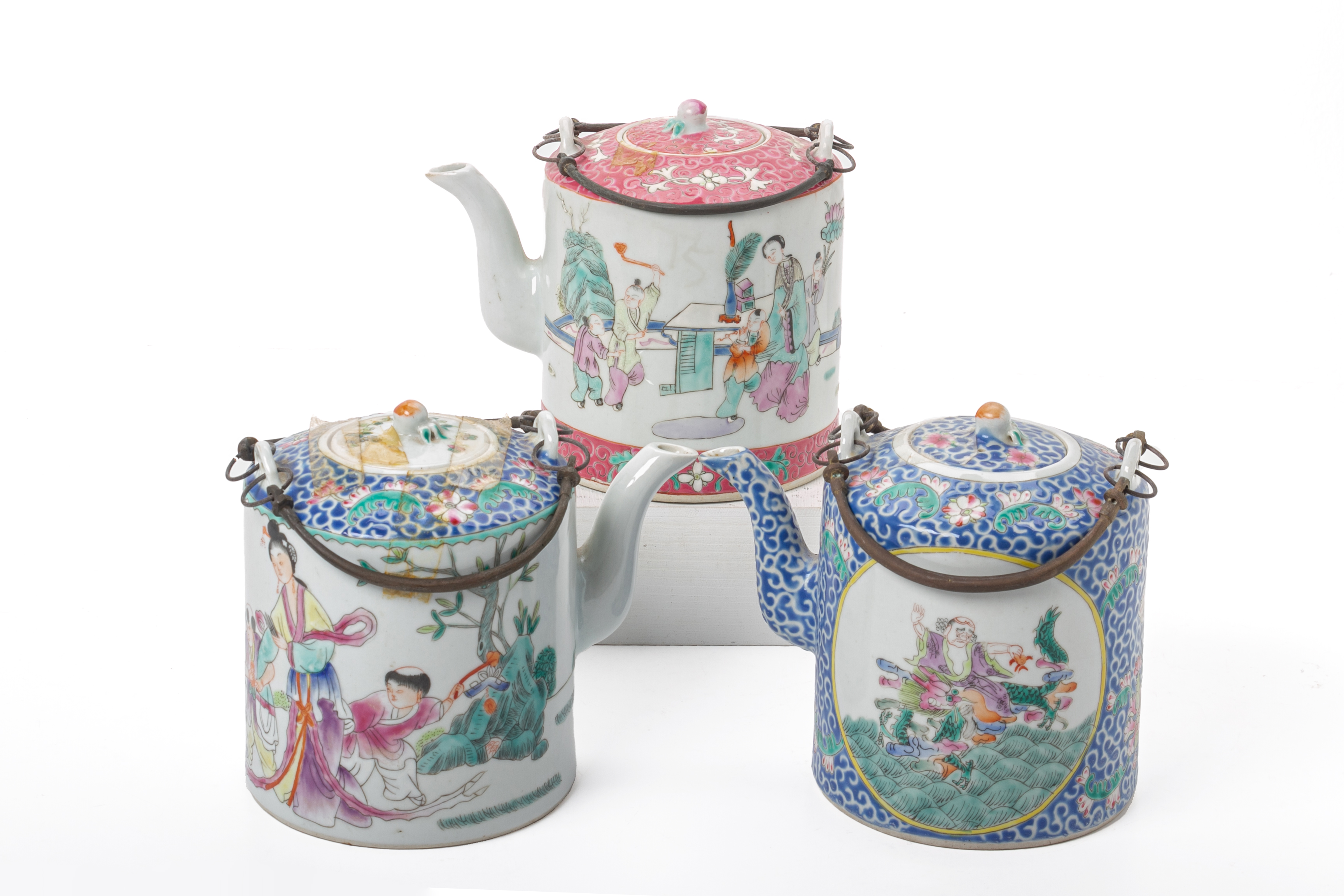 THREE FAMILLE ROSE CYLINDRICAL TEAPOTS - Image 3 of 4