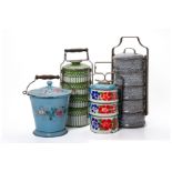 THREE ENAMEL TIFFIN CARRIERS AND A BUCKET