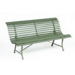 A GREEN PAINTED GARDEN BENCH BY FERMOB