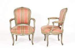 A PAIR OF LOUIS XV STYLE UPHOLSTERED ARMCHAIRS