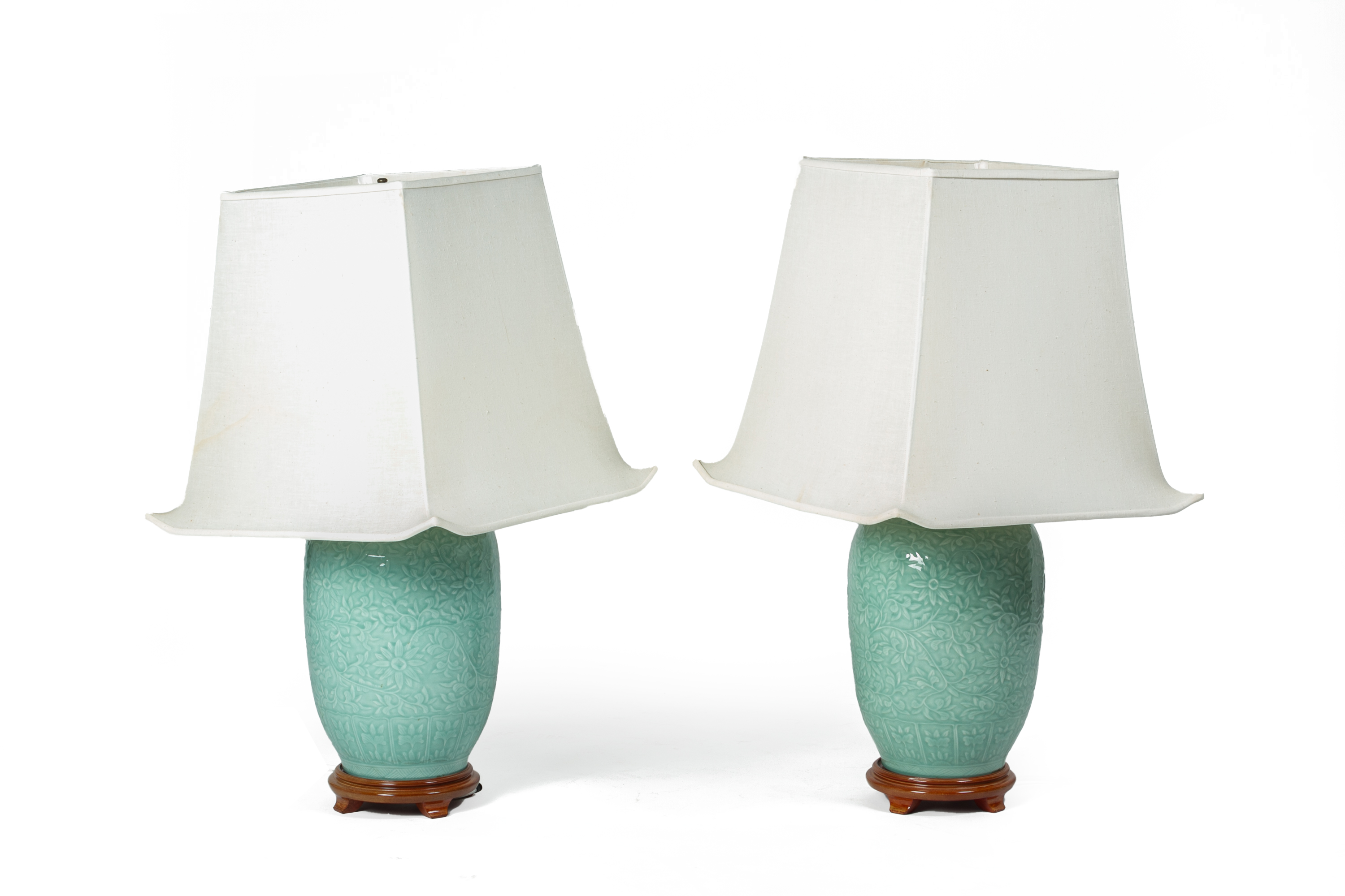 A PAIR OF CELADON GLAZED LAMPS