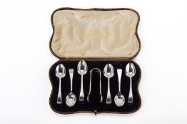 A SET OF SIX. SILVER COFFEE SPOONS AND TONGS