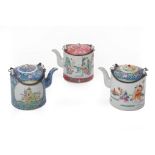 THREE FAMILLE ROSE CYLINDRICAL TEAPOTS