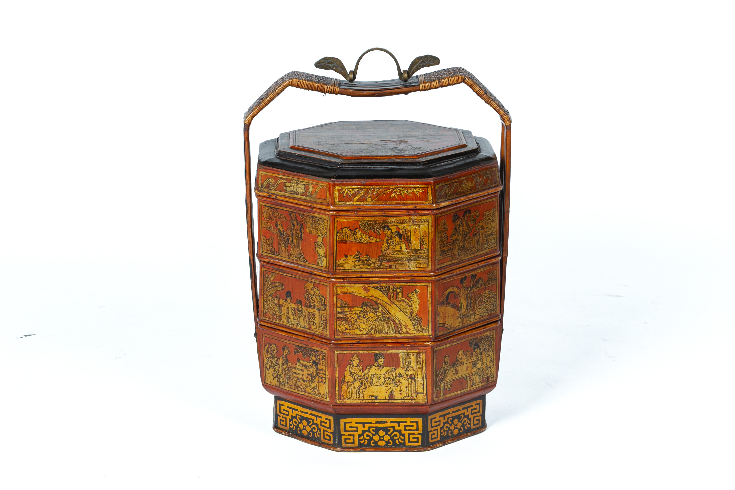 A CHINESE LACQUER THREE TIERED WEDDING BASKET