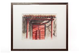 AN ORIENTAL WATERCOLOUR OF A TEMPLE DOORWAY