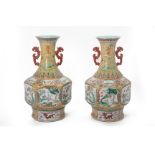 A PAIR OF CHINESE HEXAGONAL YELLOW GROUND VASES