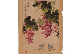 A CHINESE SCROLL OF HANGING GRAPES AND BIRDS