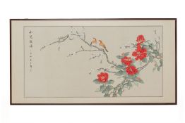 A CHINESE PAINTING OF BIRDS AMONGST PLUM BLOSSOM AND LOTUS