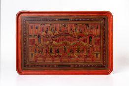 A BURMESE RED LACQUERED RECTANGULAR TRAY