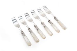 A SET OF SIX SILVER MOUNTED MOTHER OF PEARL DESSERT FORKS