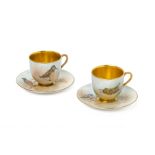 A PAIR OF ROYAL WORCESTER COFFEE CUPS AND SAUCERS