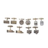 FIVE PAIRS OF NOVELTY SILVER CUFFLINKS