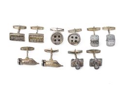 FIVE PAIRS OF NOVELTY SILVER CUFFLINKS