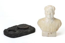 A BISCUIT PORCELAIN BUST OF CHAIRMAN MAO AND AN INKSTONE