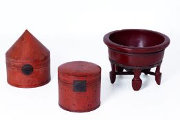 A GROUP OF THREE SOUTHEAST ASIAN RED LACQUERED CONTAINERS
