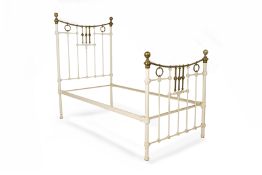 A WHITE PAINTED AND BRASS SINGLE BED FRAME