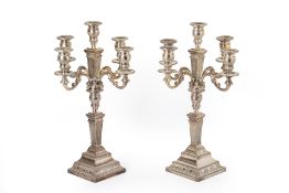 A PAIR OF CONTINENTAL SILVER FIVE LIGHT CANDELABRA