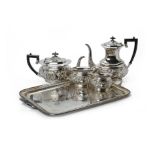 A LATE VICTORIAN SILVER PLATED TEA, COFFEE SERVICE AND TRAY