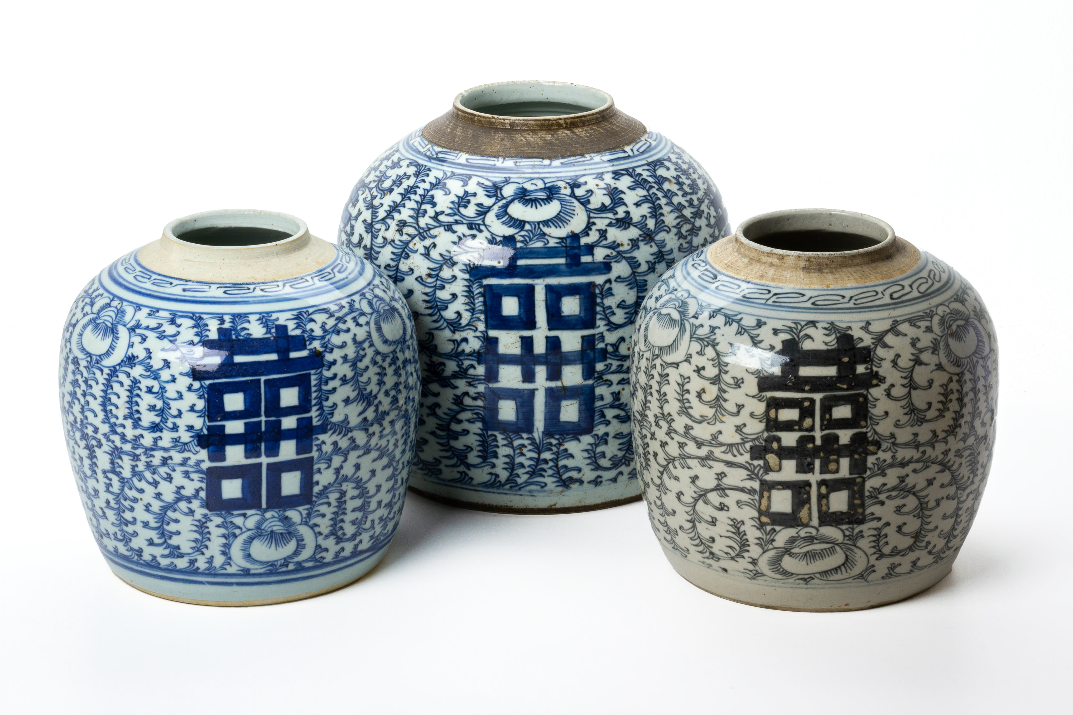 THREE BLUE AND WHITE 'DOUBLE HAPPINESS' JARS