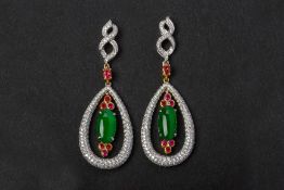 A PAIR OF JADE, SPINEL AND DIAMOND PENDANT EARRINGS