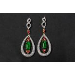 A PAIR OF JADE, SPINEL AND DIAMOND PENDANT EARRINGS