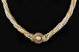 A FIVE STRAND CULTURED PEARL AND GOLD NECKLACE