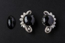A PAIR OF 'BLACK JADE' DIAMOND EARRINGS AND A LOOSE CABOCHON