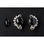 A PAIR OF 'BLACK JADE' DIAMOND EARRINGS AND A LOOSE CABOCHON