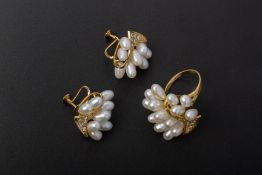 A CULTURED PEARL EARRINGS AND RING SET BY TASAKI
