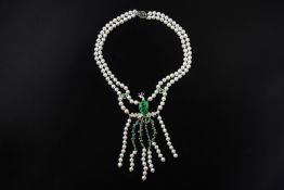 A CULTURED PEARL, JADE AND DIAMOND NECKLACE