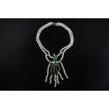 A CULTURED PEARL, JADE AND DIAMOND NECKLACE