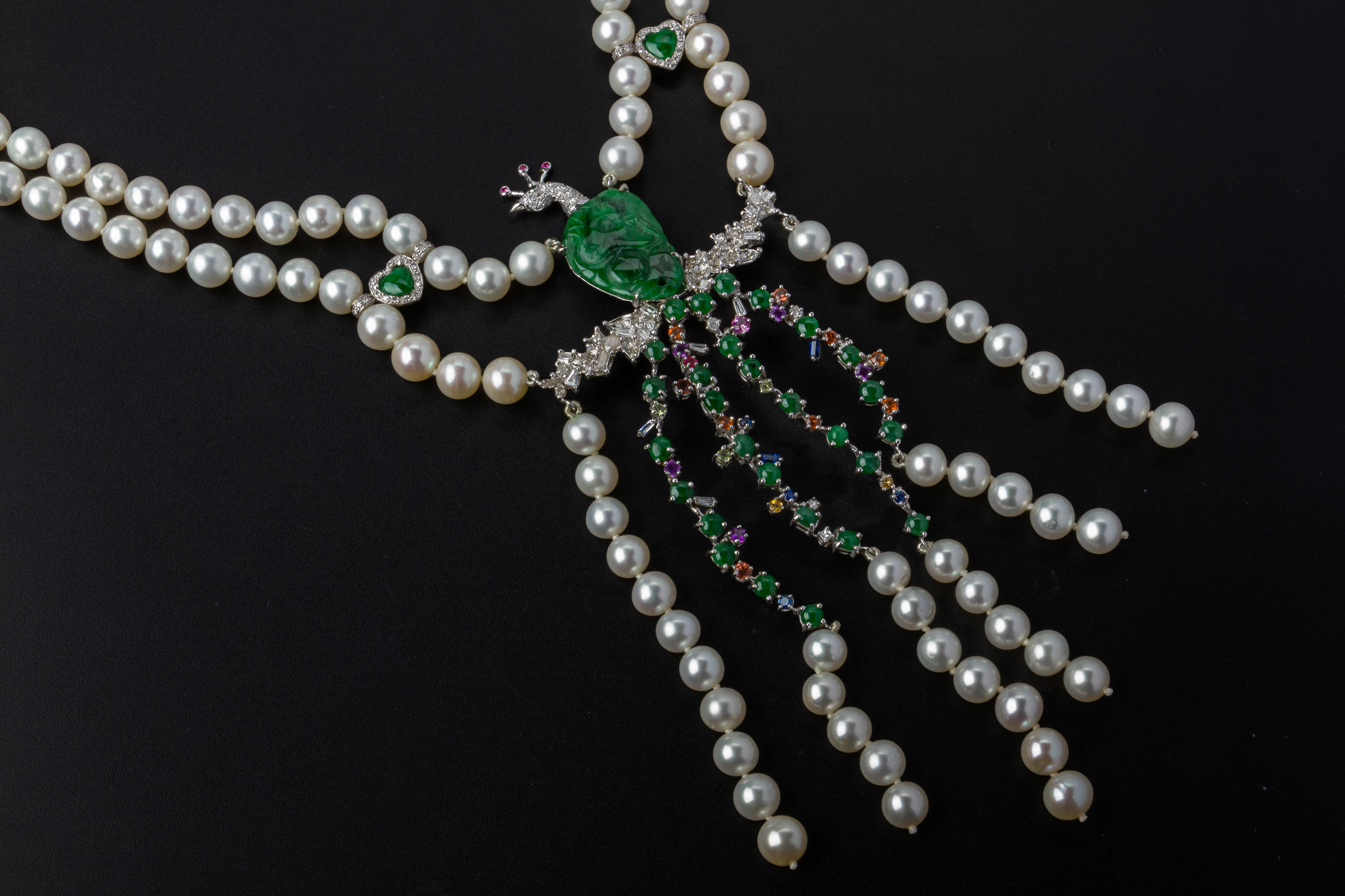 A CULTURED PEARL, JADE AND DIAMOND NECKLACE - Image 2 of 5