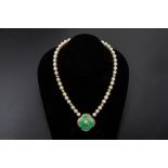 A CULTURED PEARL, DIAMOND AND JADE NECKLACE