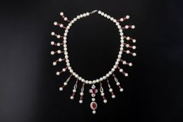 A FRESHWATER PEARL, TOURMALINE AND DIAMOND NECKLACE