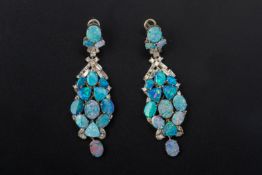 A PAIR OF OPAL DOUBLET AND DIAMOND EARRINGS