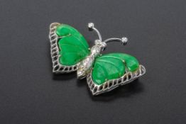 A JADE AND DIAMOND BUTTERFLY BROOCH