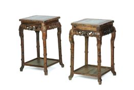 A PAIR OF MARBLE INSET BAMBOO CARVED HARDWOOD SIDE TABLES