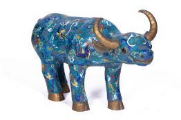 A LARGE CLOISONNE ENAMEL MODEL OF AN BUFFALO