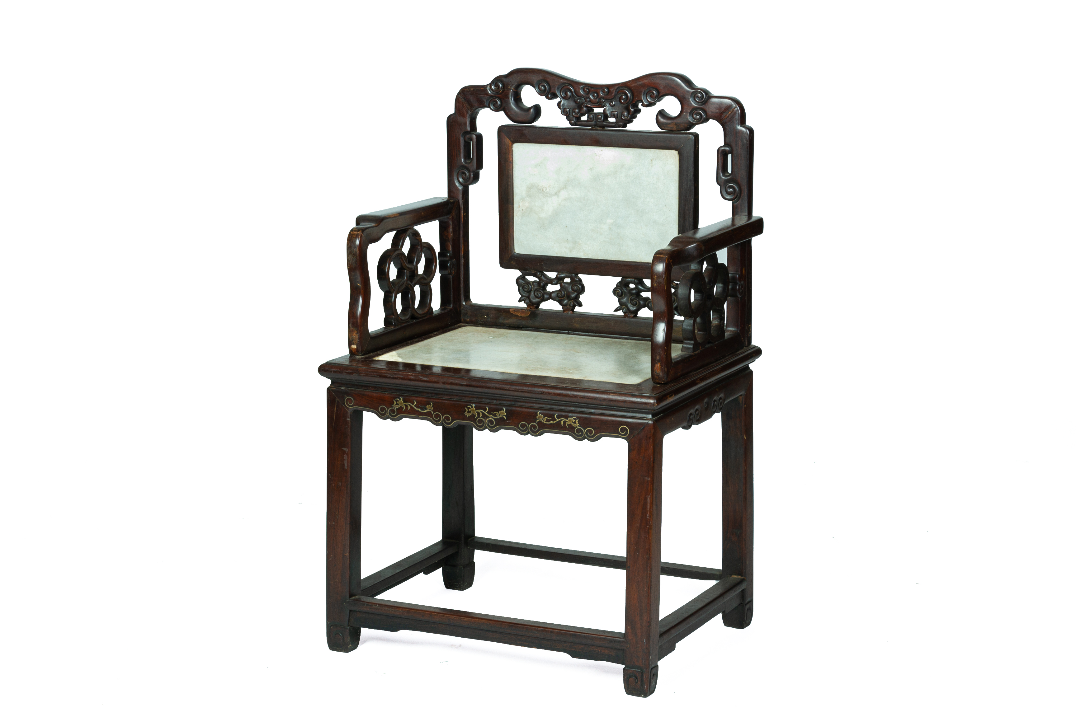 A MARBLE INSET AND CARVED HARDWOOD SIDE CHAIR
