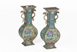 A PAIR OF CLOISONNE ENAMEL TWIN HANDLED VASES