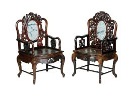 A PAIR OF CARVED HARDWOOD AND MARBLE INSET ARMCHAIRS