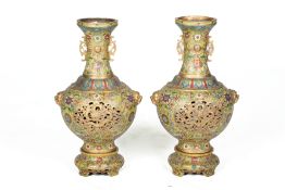 A PAIR OF LARGE CLOISONNE ENAMEL VASES ON STANDS