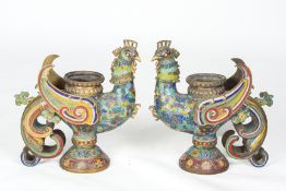 A PAIR OF LARGE CLOISONNE ENAMEL MODELS OF MYTHICAL BIRDS