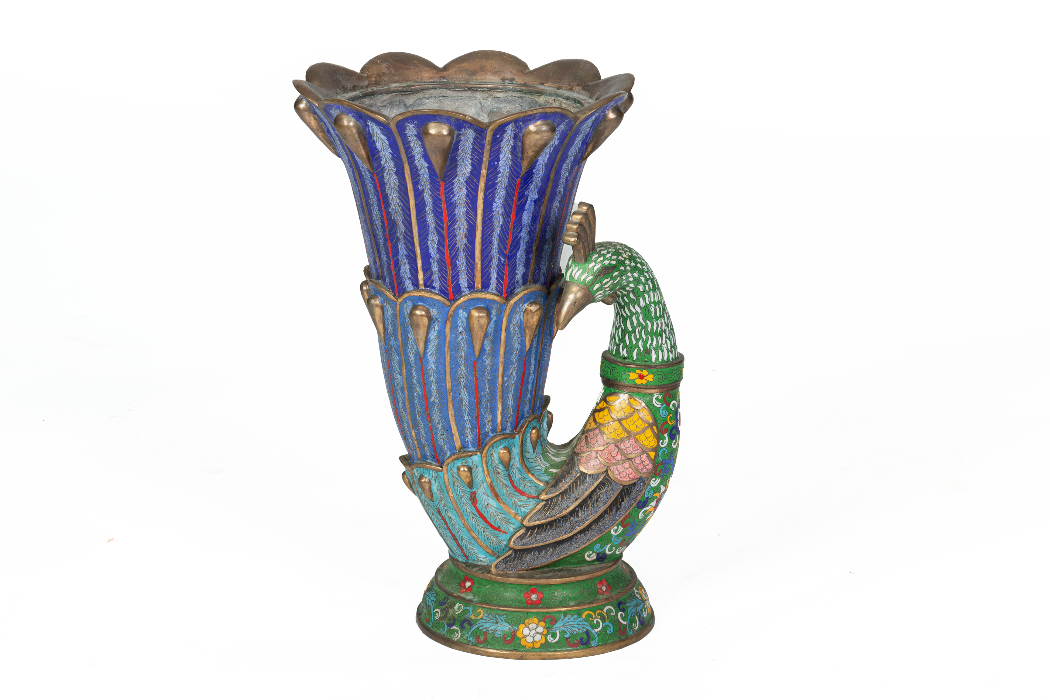 A CLOISONNE ENAMEL PEACOCK FORM VASE