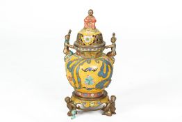 A CLOISONNE ENAMEL TWIN HANDLED CENSER ON STAND