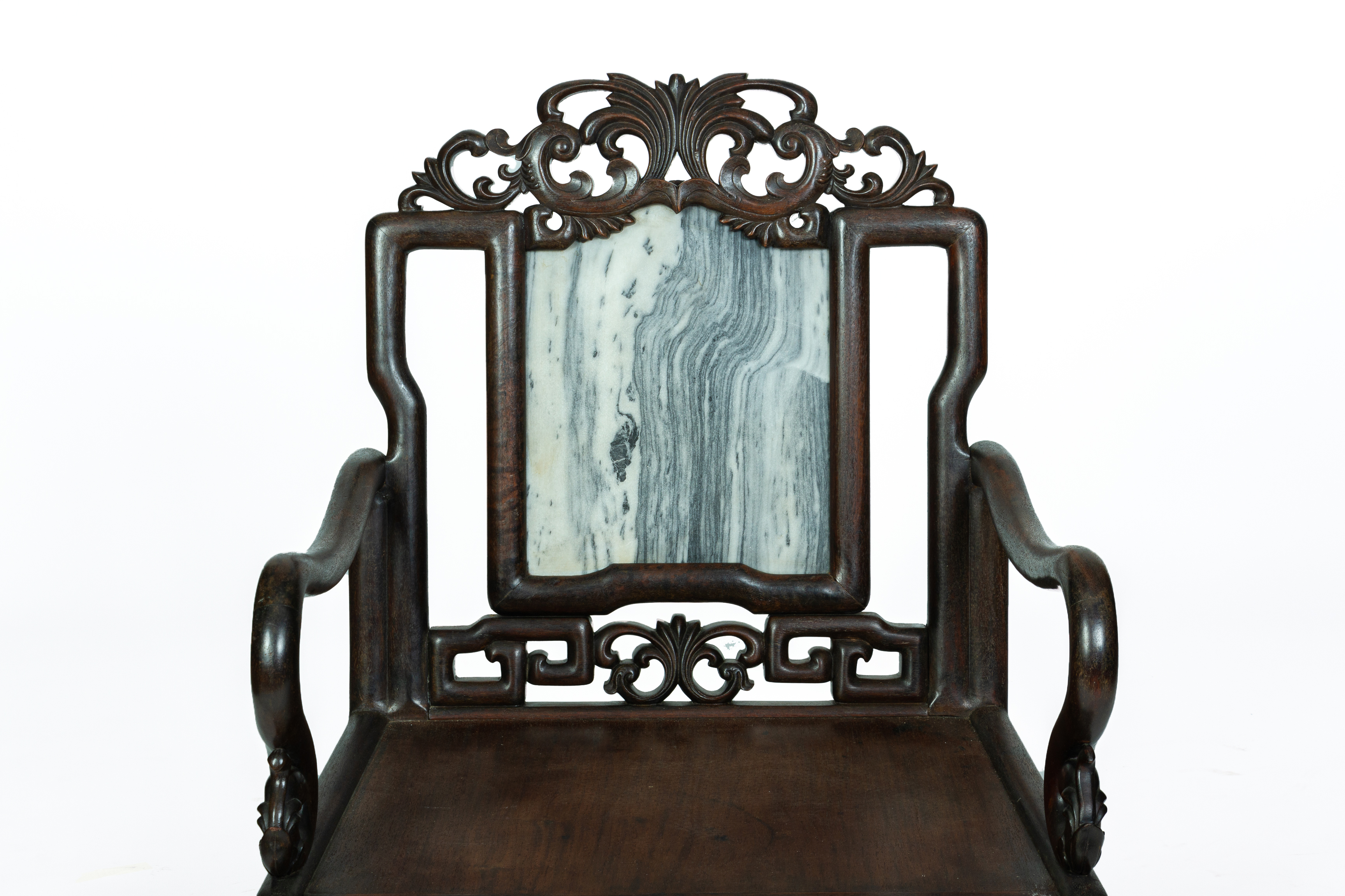 A PAIR OF CARVED HARDWOOD AND MARBLE INSET ARMCHAIRS - Image 3 of 3