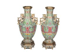 A PAIR OF HEXAGONAL CLOISONNE ENAMEL TWIN HANDLED VASES